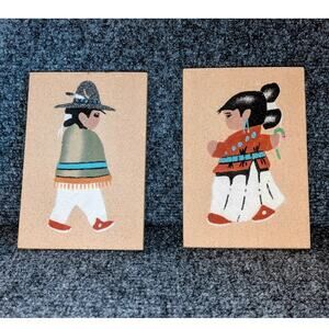 Vintage '87 Navajo Boy & Girl Sand Painting Art Tiles Made in New Mexico
